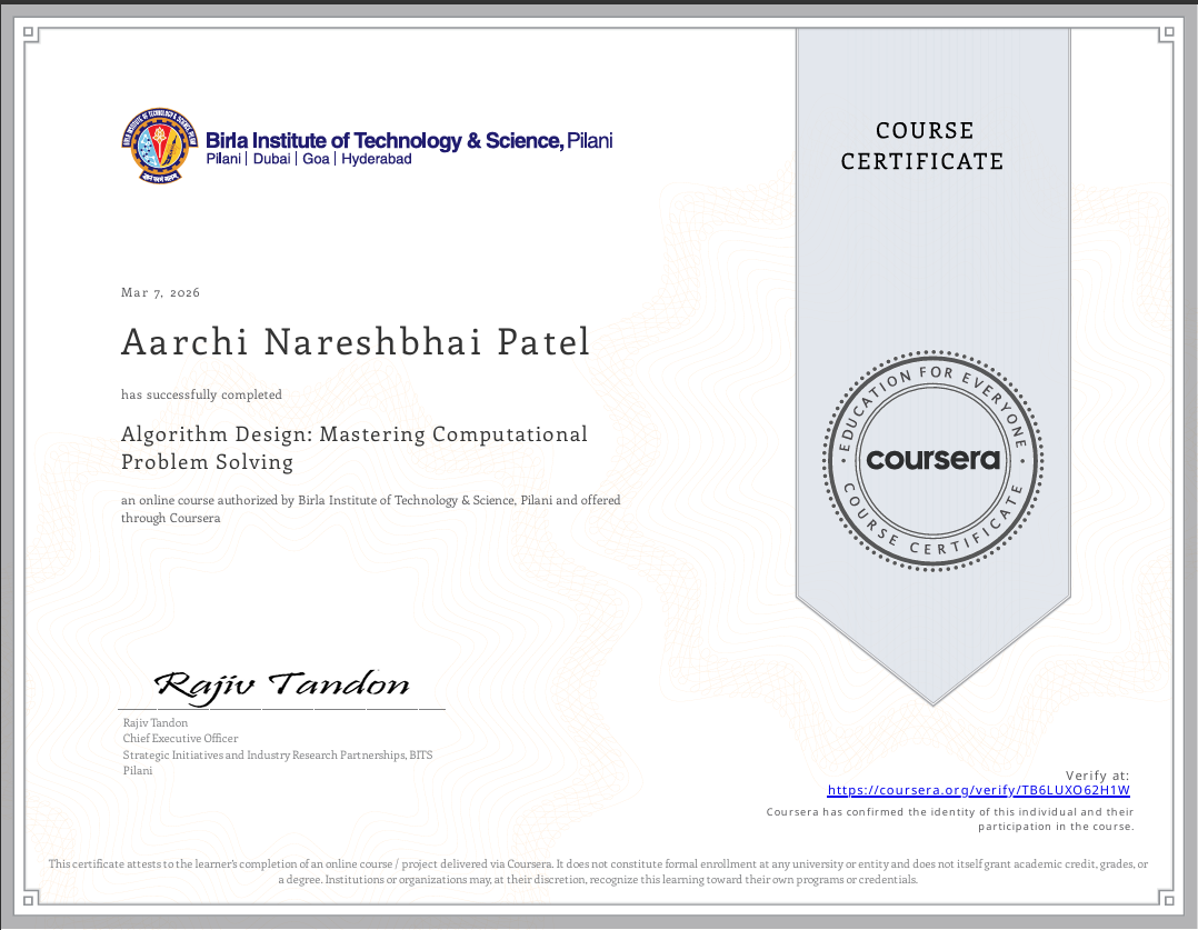 Algorithm Design Certificate